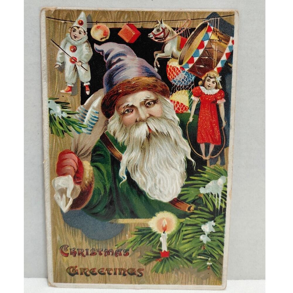 Antique Christmas postcard Santa Claus in Green Robe Purple Hat Baxony